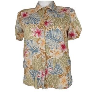 LEMON GRASS Top MED Multicolor Hawaii Tropical Floral Linen Cotton Button Travel